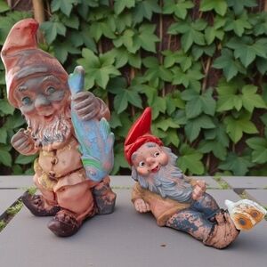 Vintage Resin Garden Gnome Statues Set of 2 Painted Weathered Look Heissner